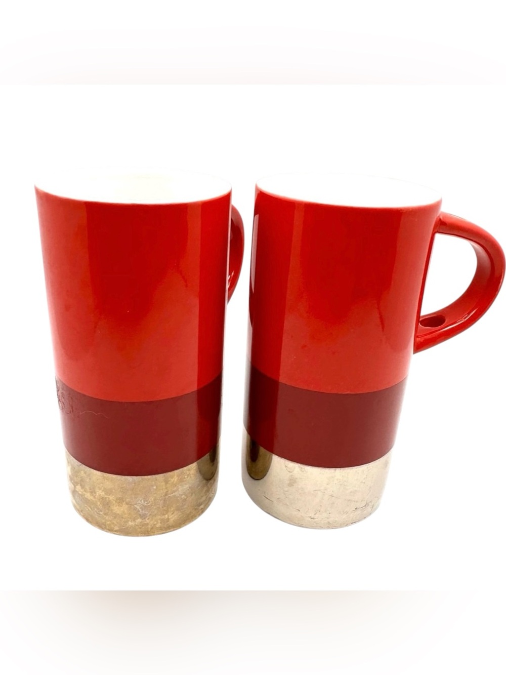 Starbucks Red Chrome Stripe Espresso Mugs Set of 2 | 2014 Metallic Base Modern